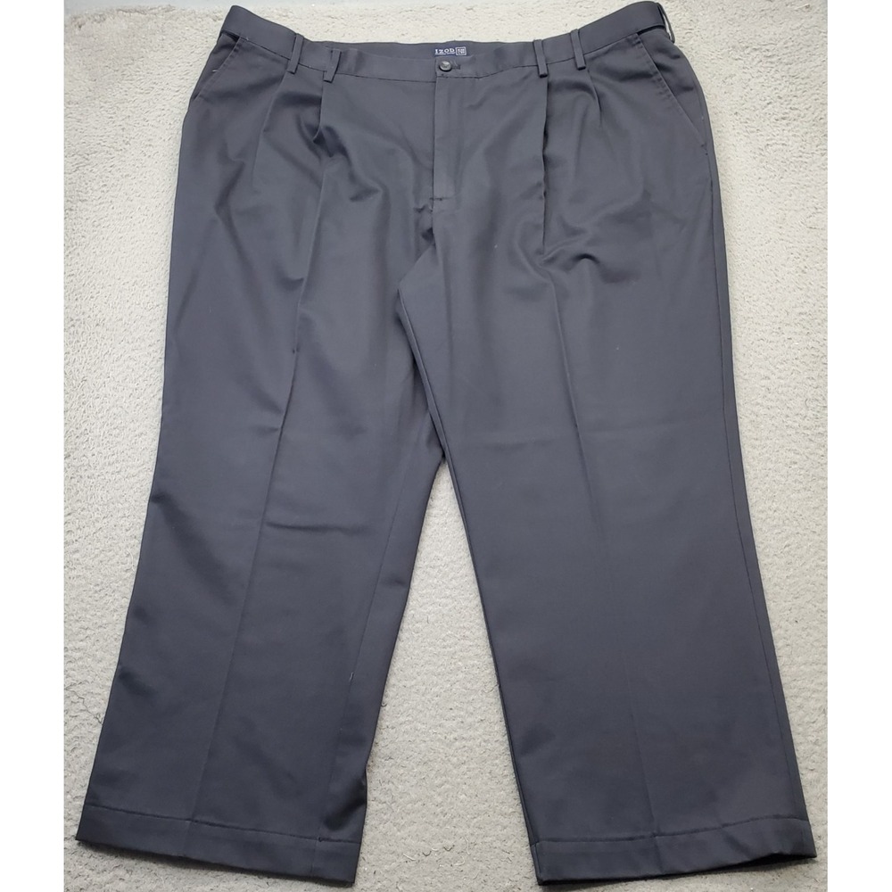 IZOD Chino Pants Mens 48/30 Black Cotton Pleated Classic Fit Slash Pocket Formal